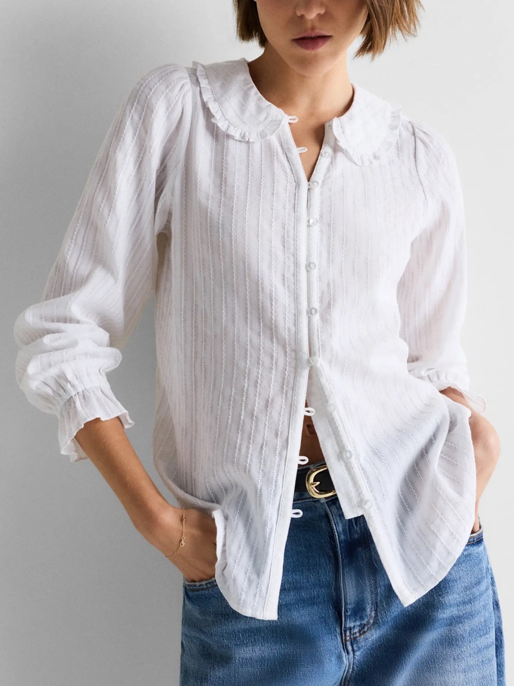 Quince sz S Embroidered organic Cotton Ruffle Collar Long Sleeve cottage Blouse